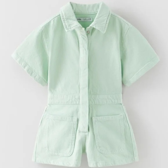 Zara Kids utility denim romper playsuit mint button up collar pockets girls - Picture 1 of 6